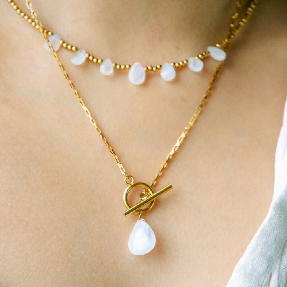 Stunning Moonstone Pendant Necklace w/ Waterproof Non-tarnish Gold Toggle Clasp